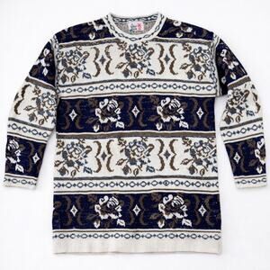 70s Or 80s Sweater Floral Blue Grannycore Cottagecore Lurex Ski Warm Cozy Unisex